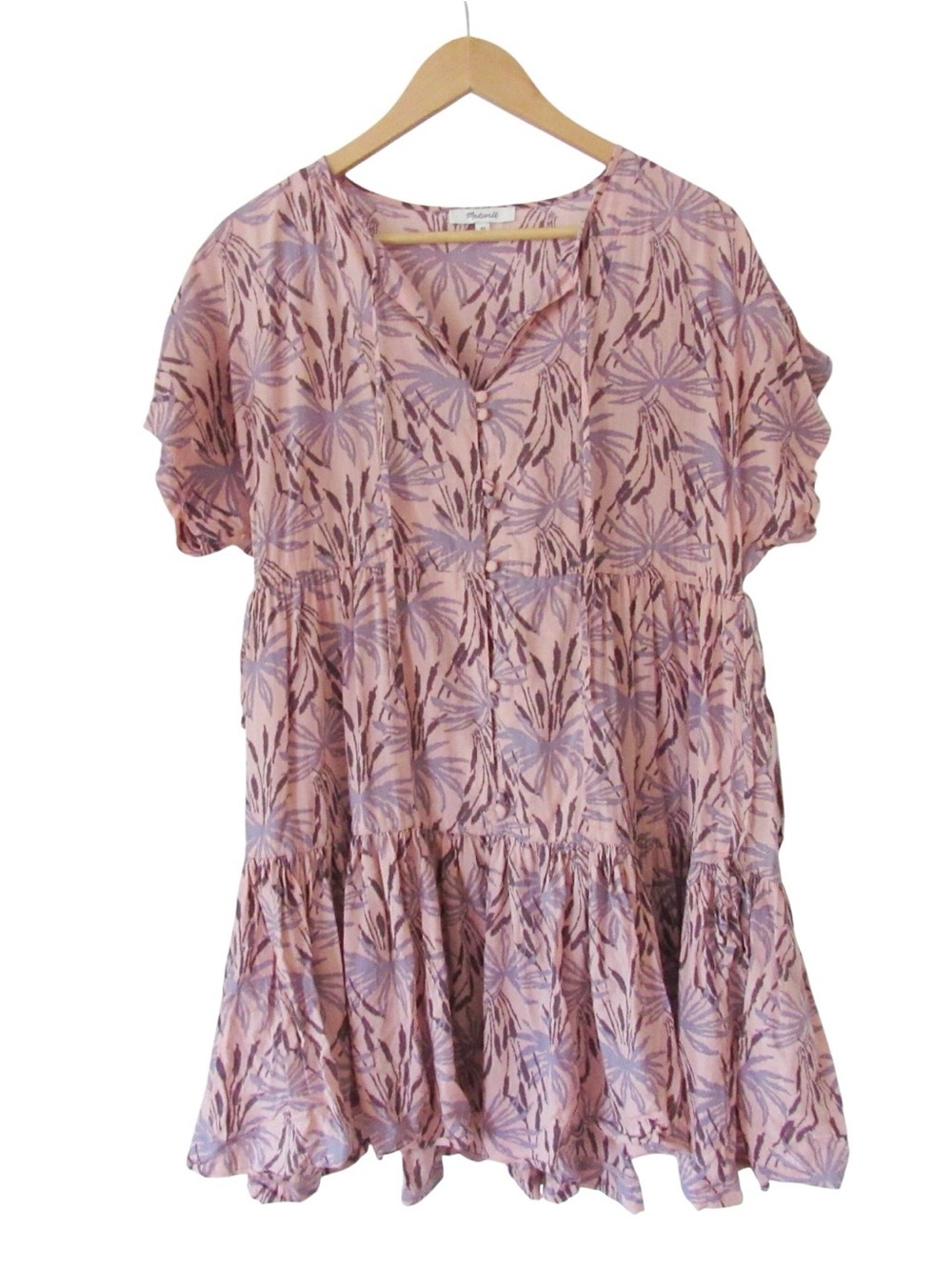 Madewell Button Front Tiered Dress in Oasis Palms XS Pink Blue Boho Festival